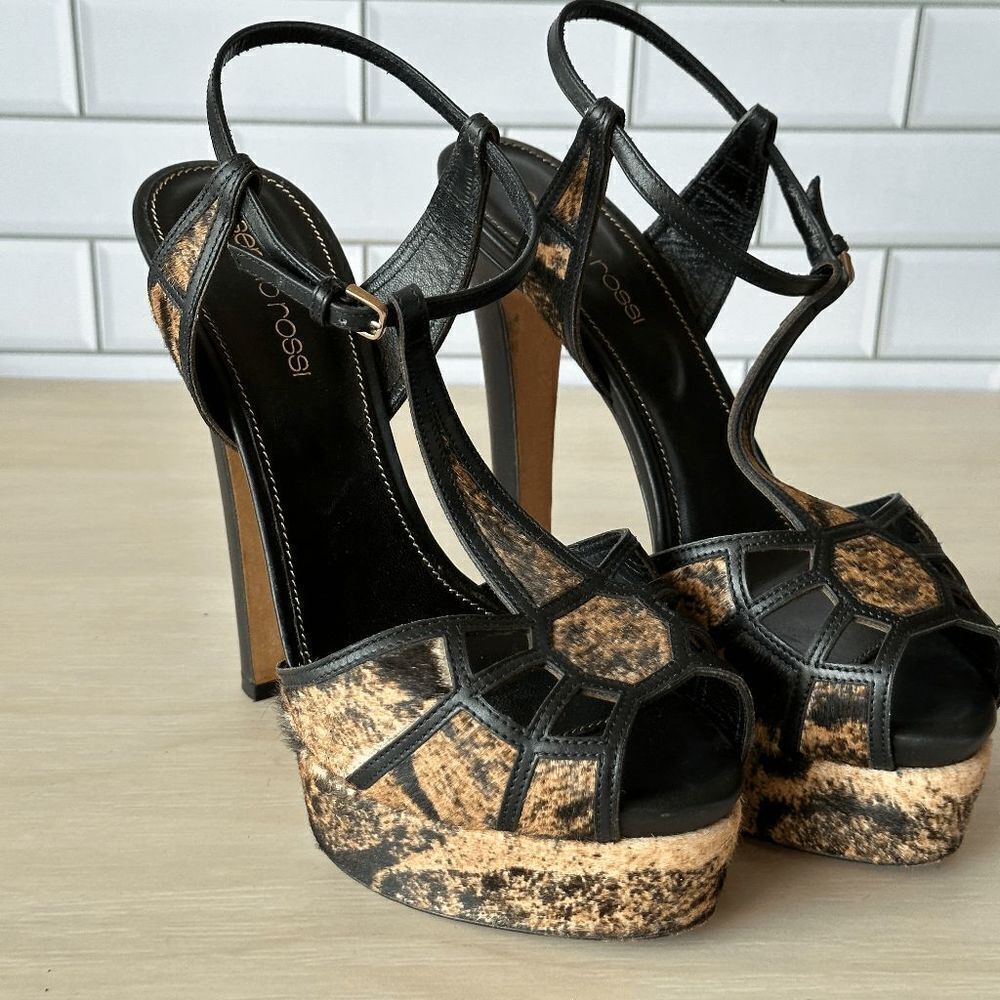 Sergio Rossi Ponyhair Animal Print Peep Toe Platform Pumps Size 36.5
